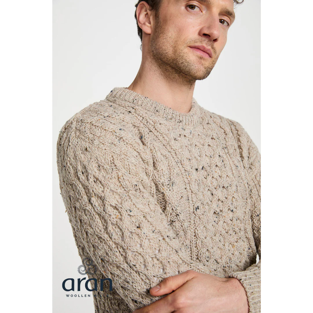 Men's Crewneck Worsted Aran Wool Oatmeal Fleck Jumper - Image 2