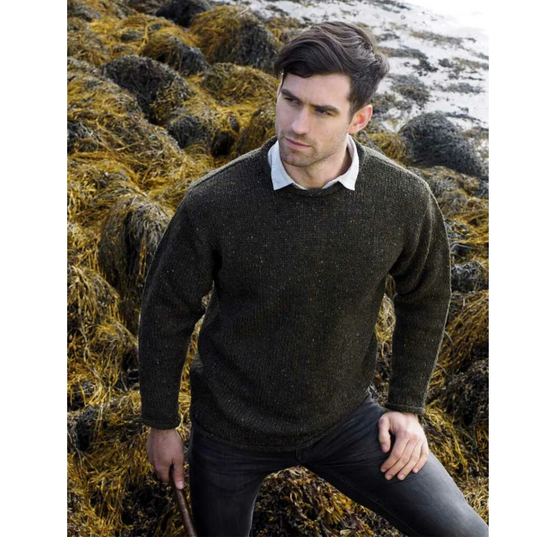 Men's Donegal Wool Curl Neck Green Jumper - Image 2