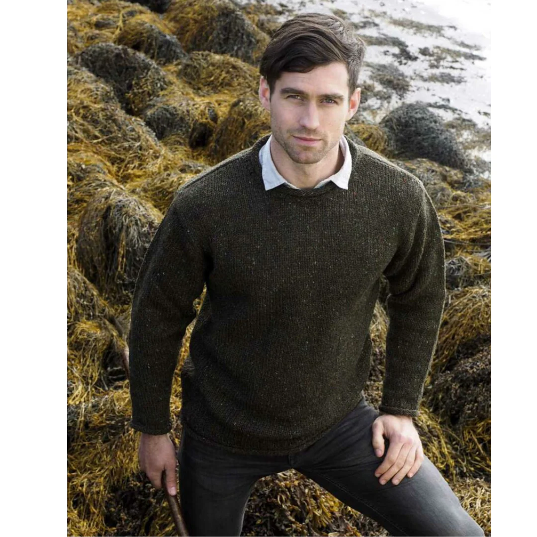 Men's Donegal Wool Curl Neck Green Jumper - Image 3