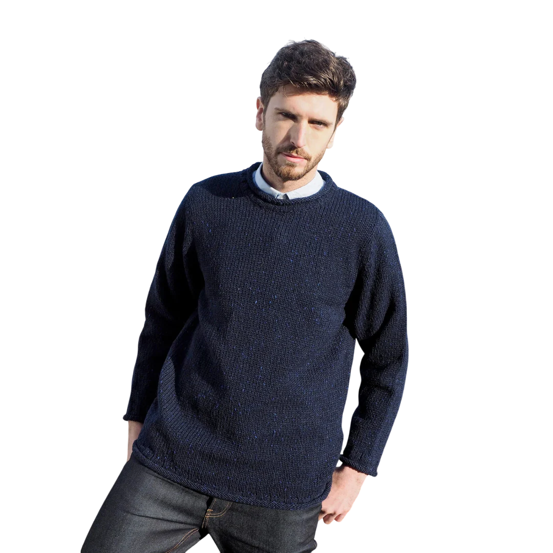 Men's Donegal Wool Curl Neck Navy Jumper