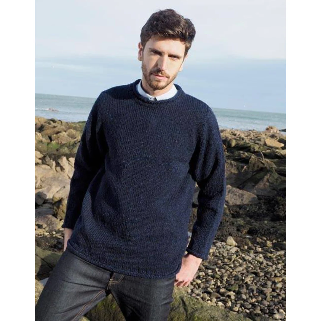 Men's Donegal Wool Curl Neck Navy Jumper - Image 2