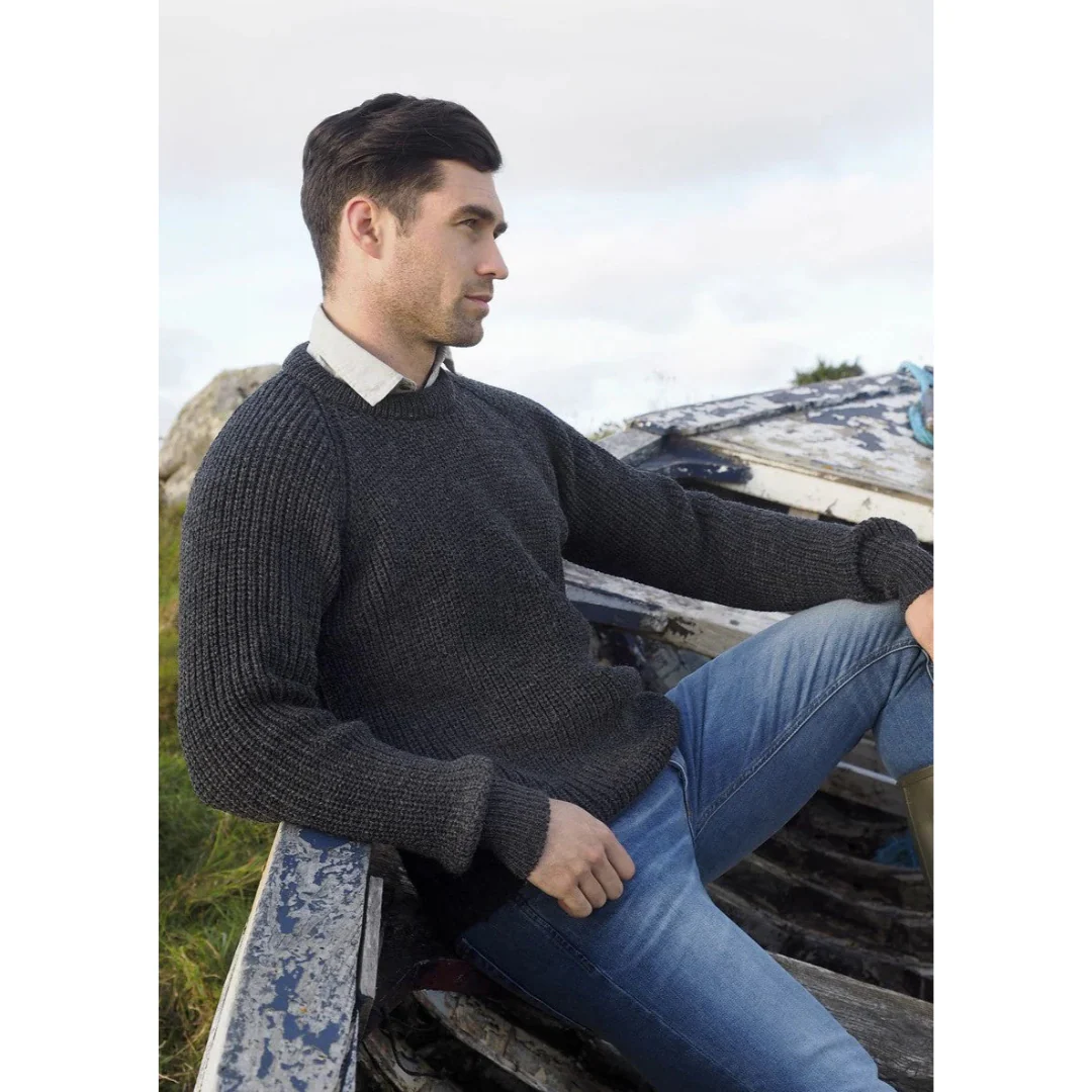 Men's Fisherman Ribbed Aran Charcoal Jumper - Image 3