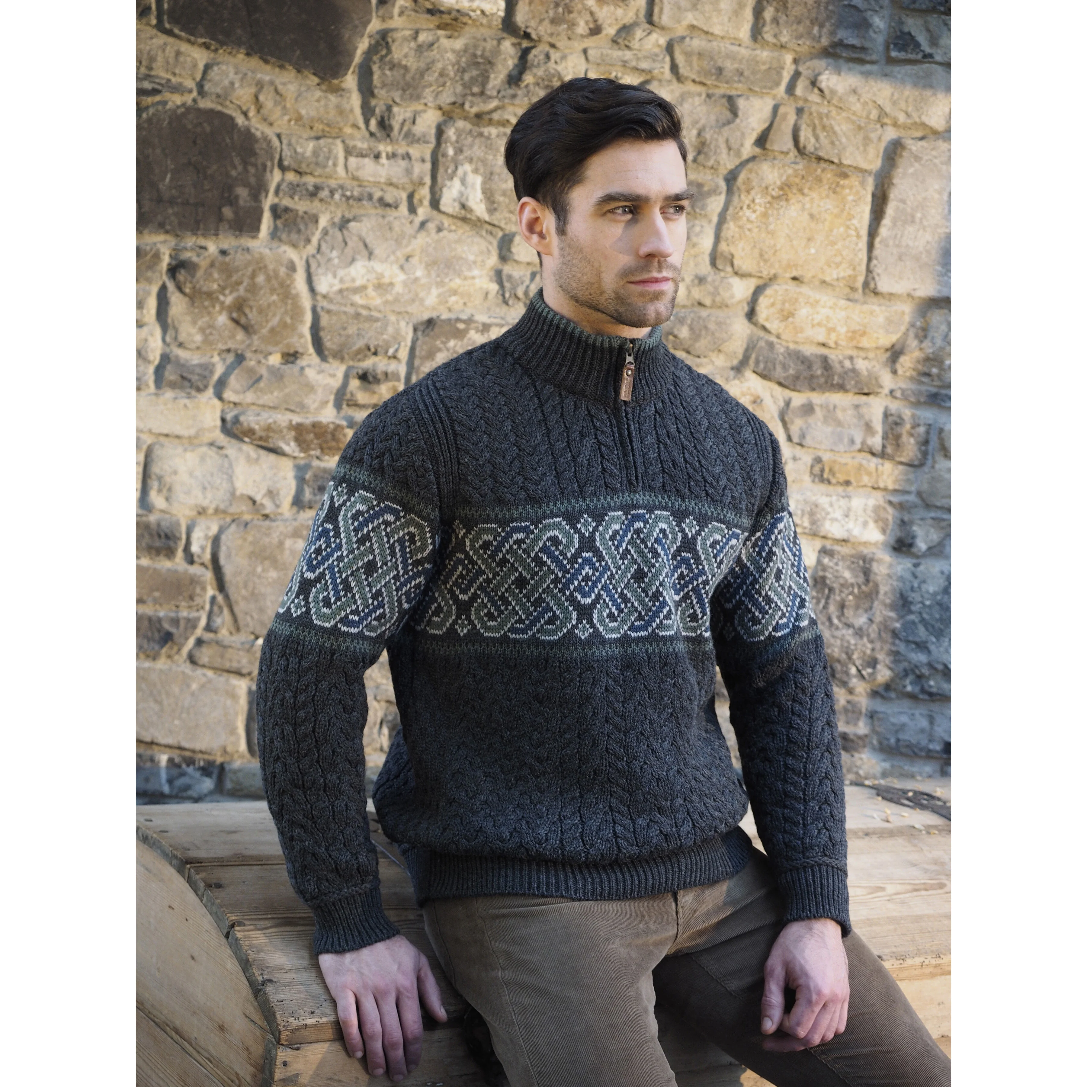 Men's Half Zip Celtic Jacquard Charcoal Aran Jumper - Image 2