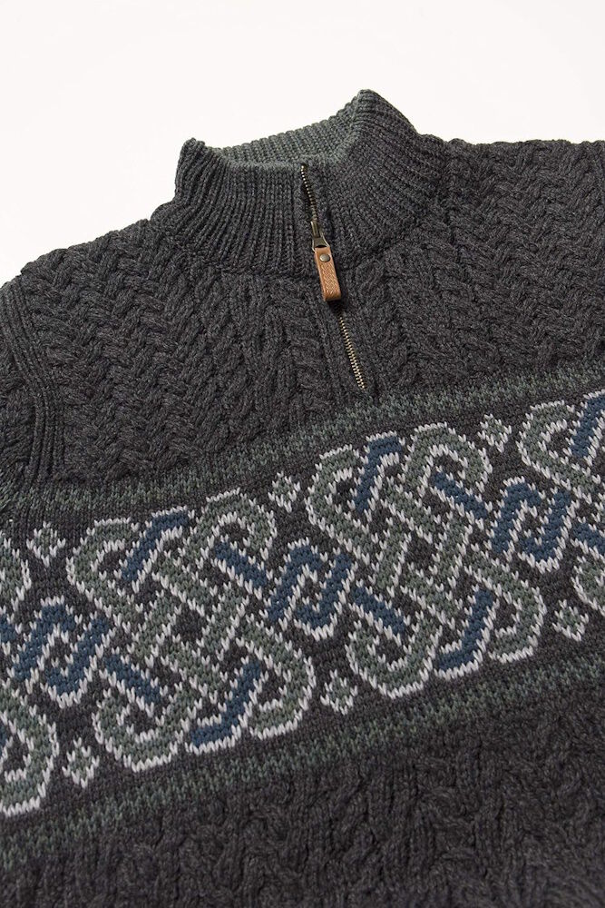 Men's Half Zip Celtic Jacquard Charcoal Aran Jumper - Image 4