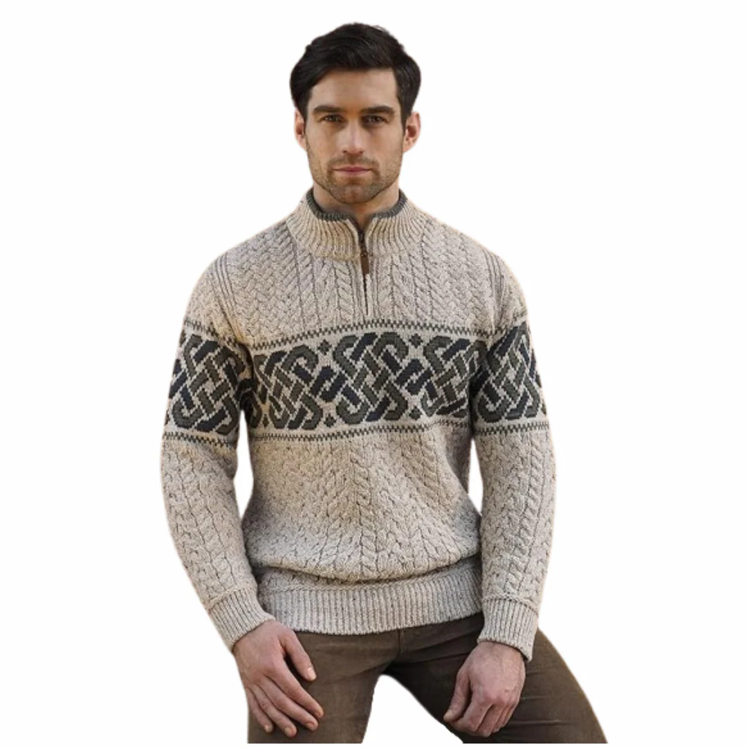 Men's Half Zip Celtic Jacquard Oatmeal Aran Jumper