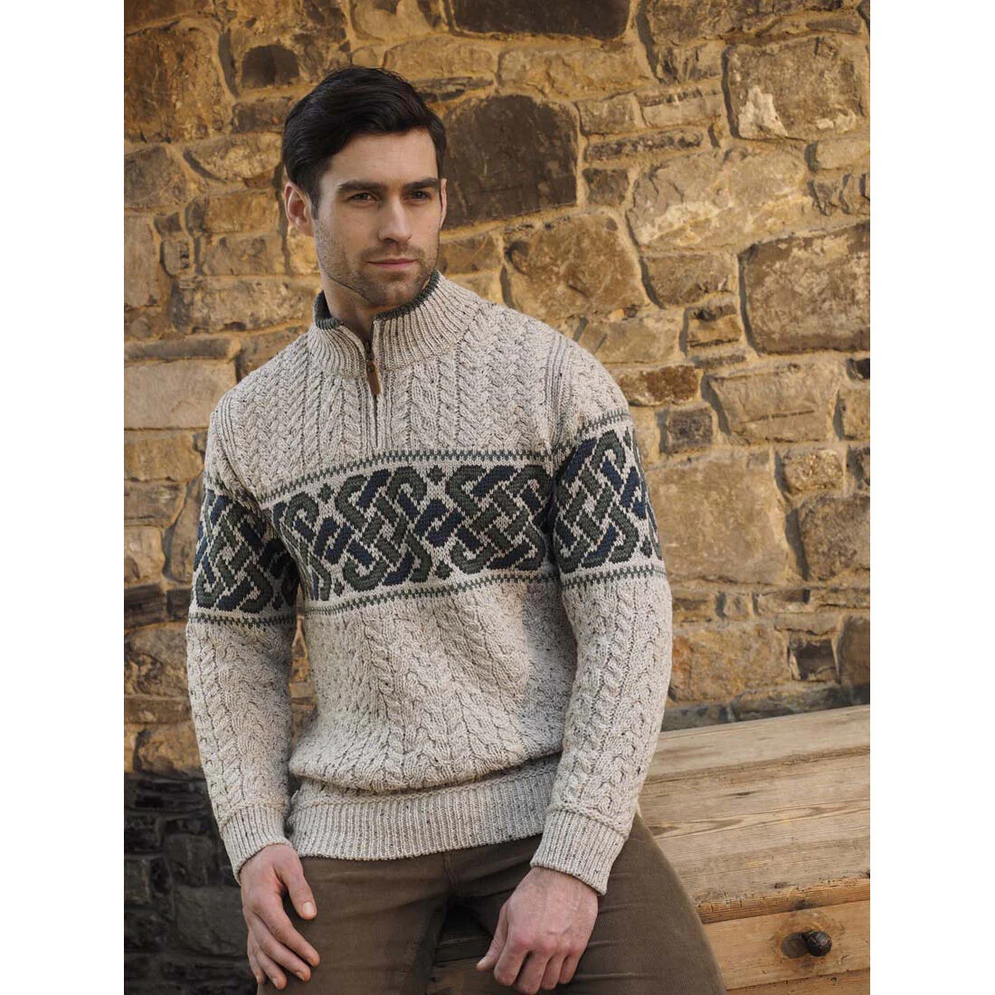 Men's Half Zip Celtic Jacquard Oatmeal Aran Jumper - Image 2