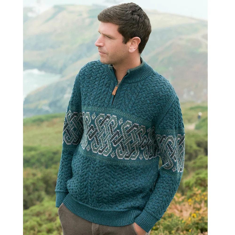 Men's Half Zip Celtic Jacquard Peacock Aran Jumper - Image 2