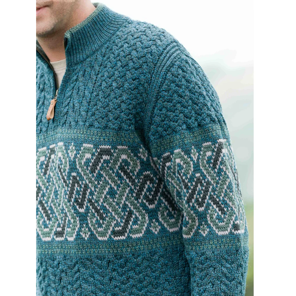 Men's Half Zip Celtic Jacquard Peacock Aran Jumper - Image 3