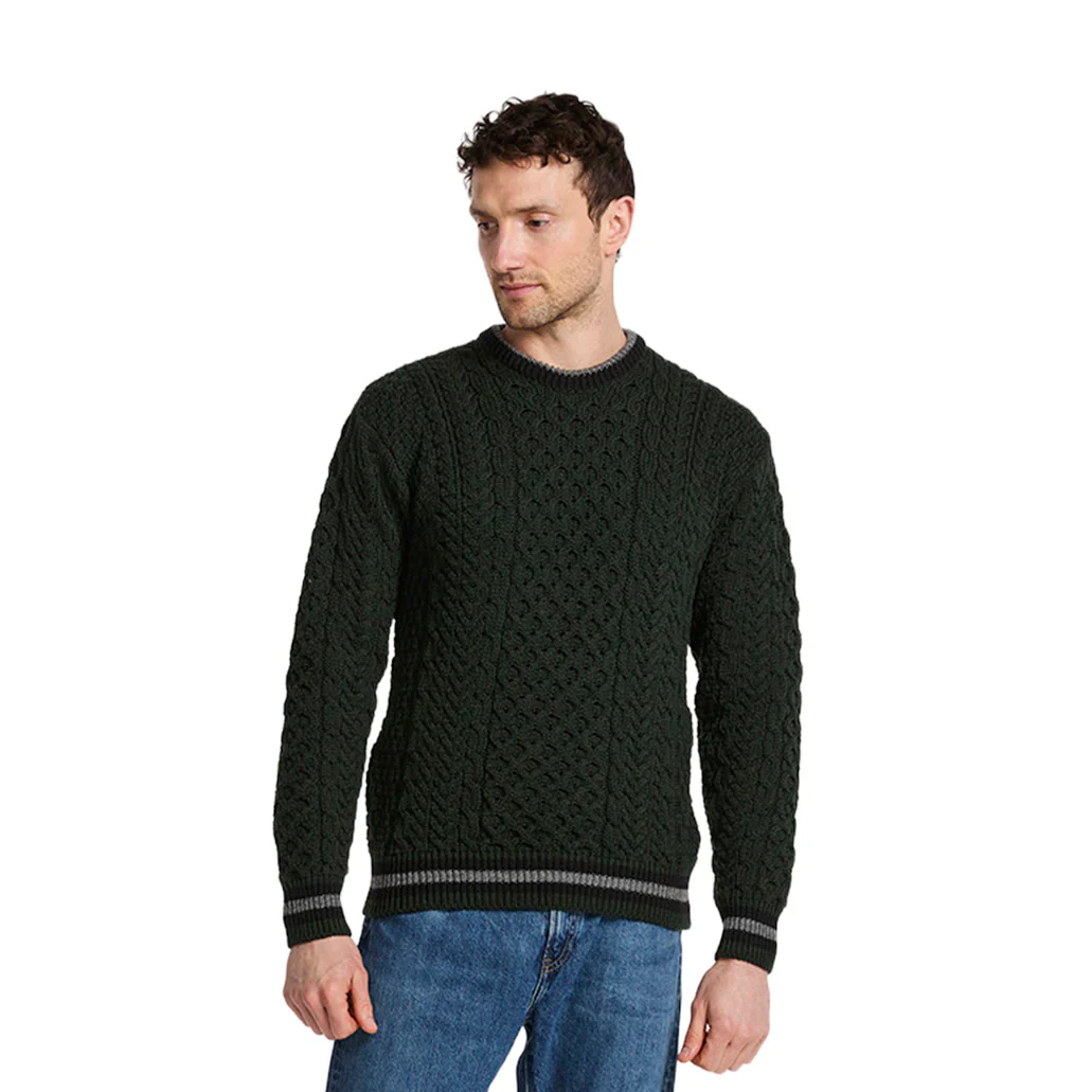 Mens Inishbeg Stripe Crewneck Merino Green Aran Sweater