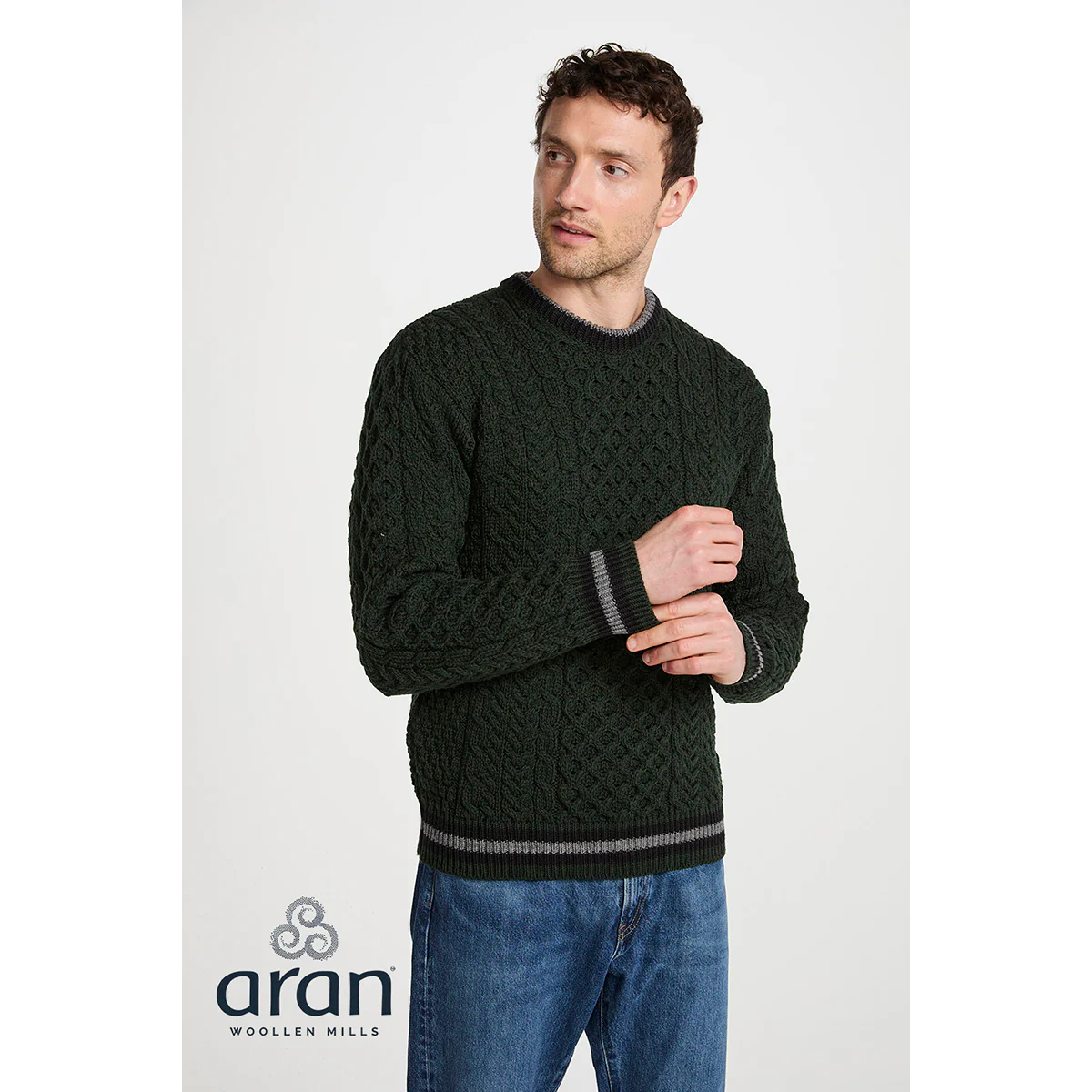 Mens Inishbeg Stripe Crewneck Merino Green Aran Sweater - Image 2