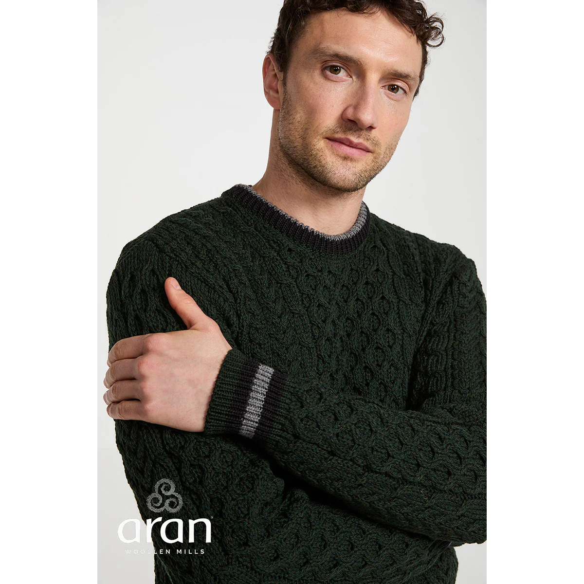Mens Inishbeg Stripe Crewneck Merino Green Aran Sweater - Image 3