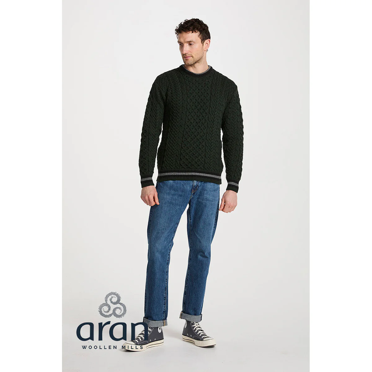Mens Inishbeg Stripe Crewneck Merino Green Aran Sweater - Image 4