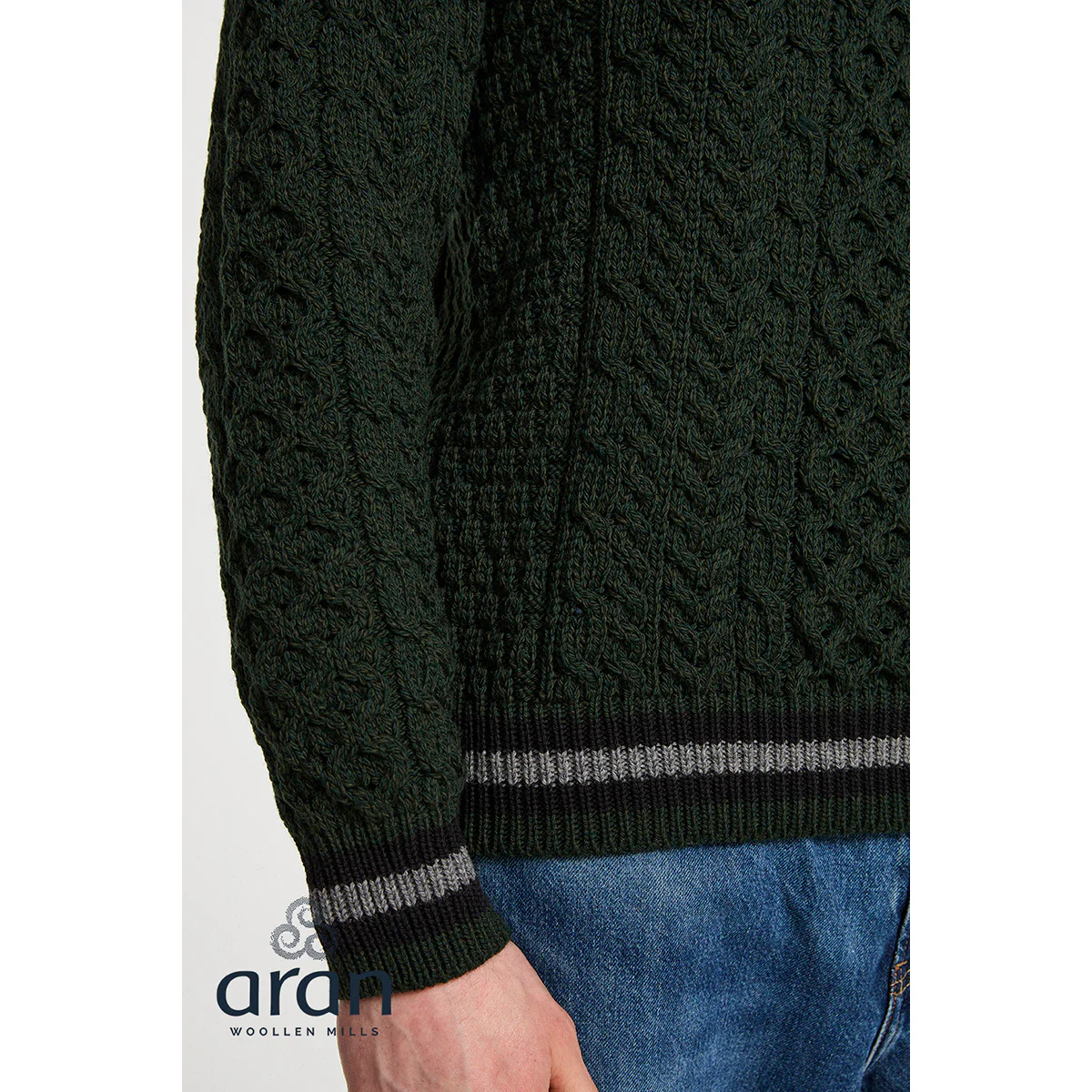 Mens Inishbeg Stripe Crewneck Merino Green Aran Sweater - Image 6