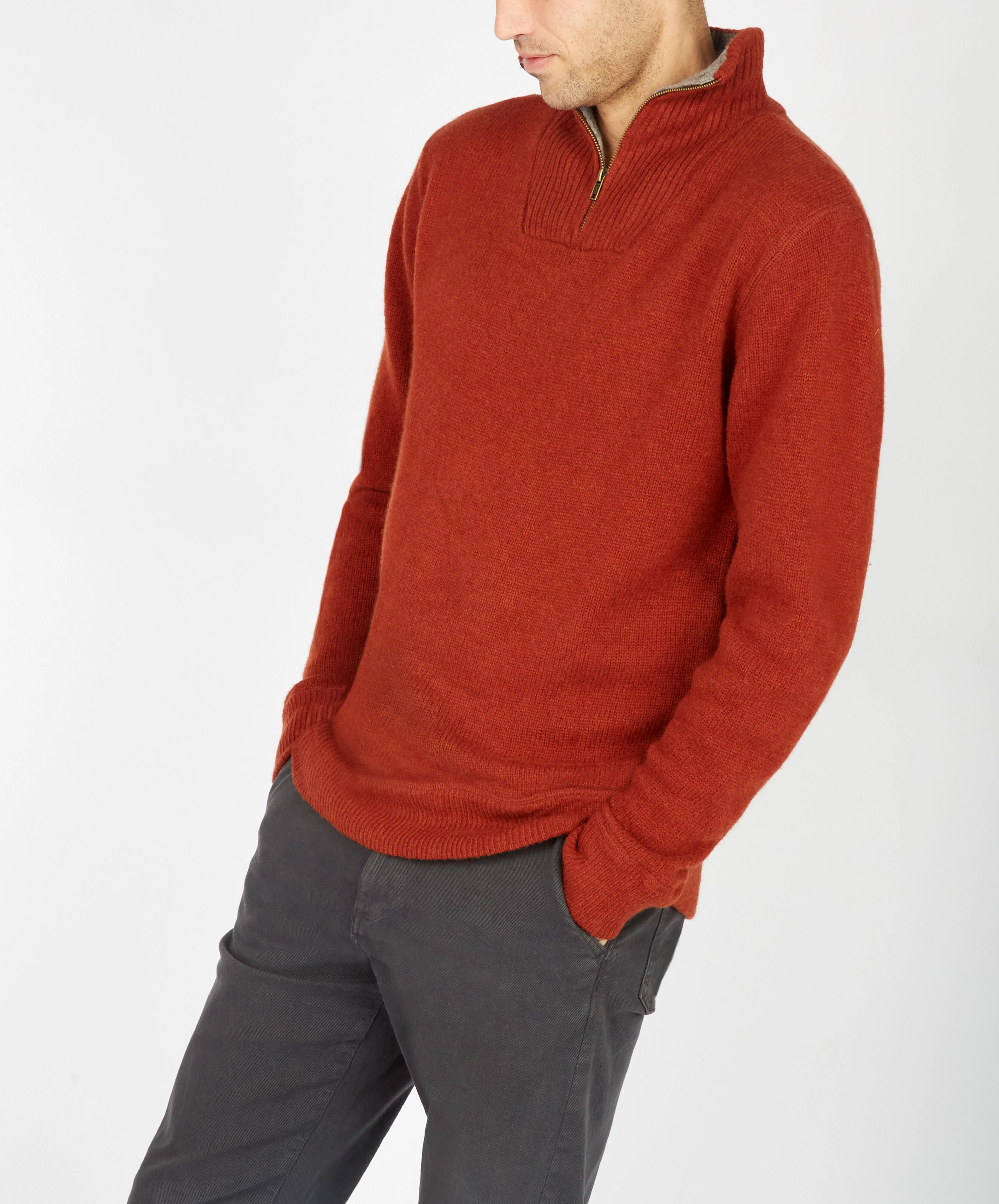 Men's Lambswool Half Zip Knit Russet Jumper - Image 3