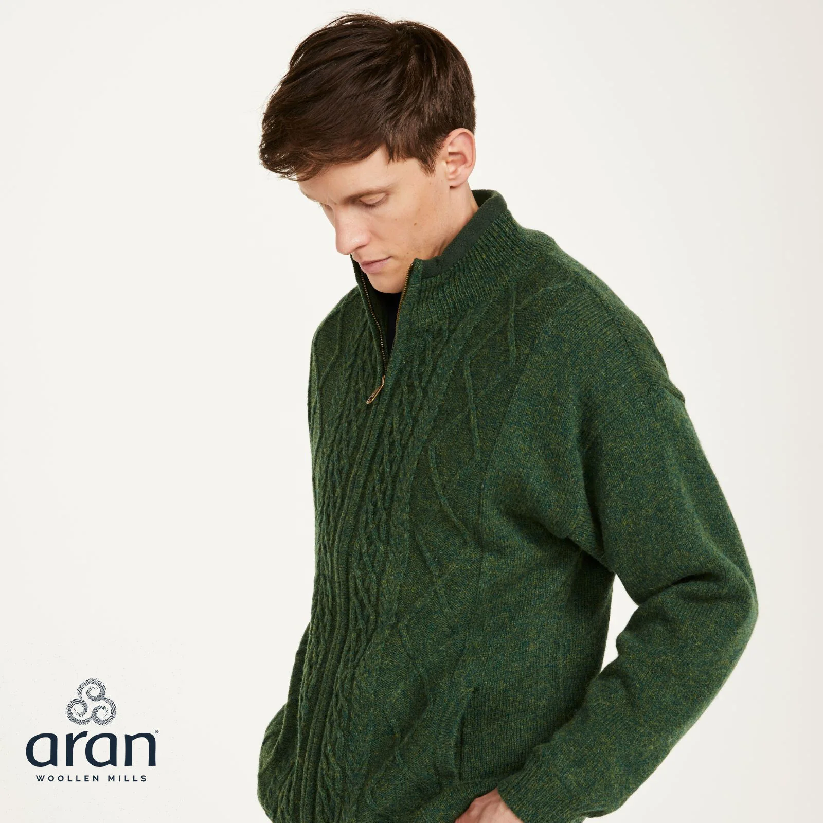 Men's Lined Shetland Wool Zipper Green Cardigan - Image 3