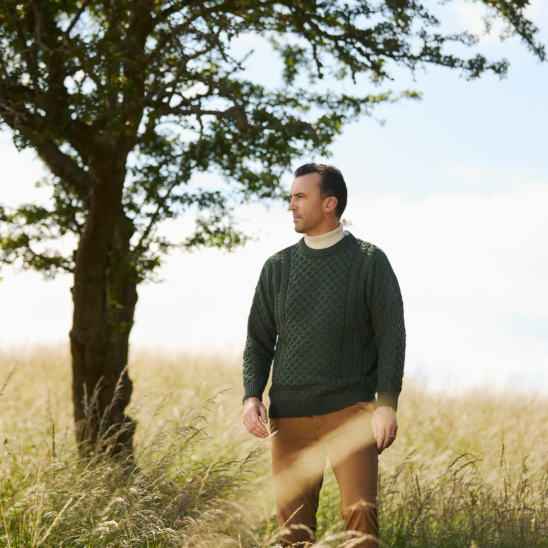 Men's Merino Wool Aran Crew Neck Green Jumper - Image 2