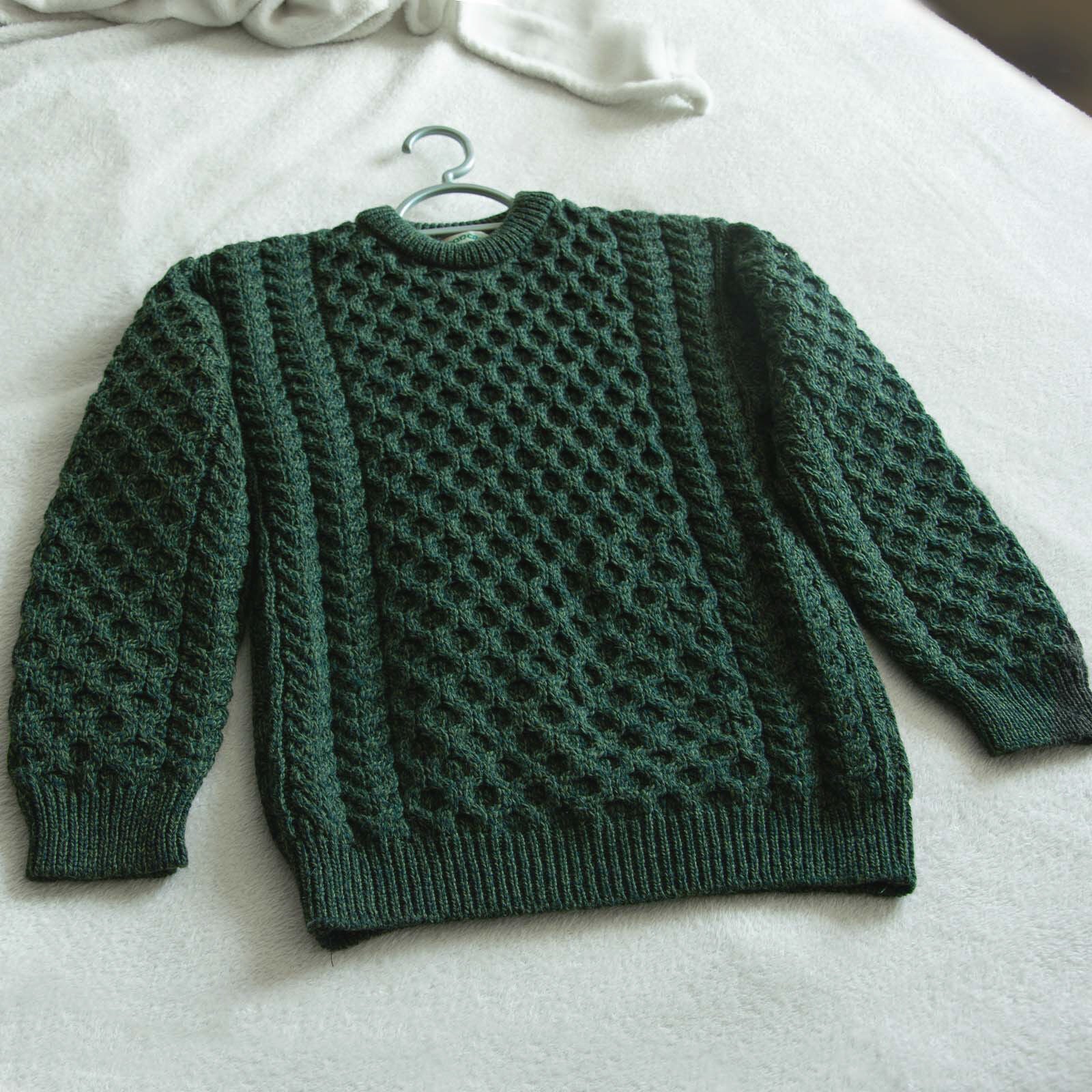 Men's Merino Wool Aran Crew Neck Green Jumper - Image 5
