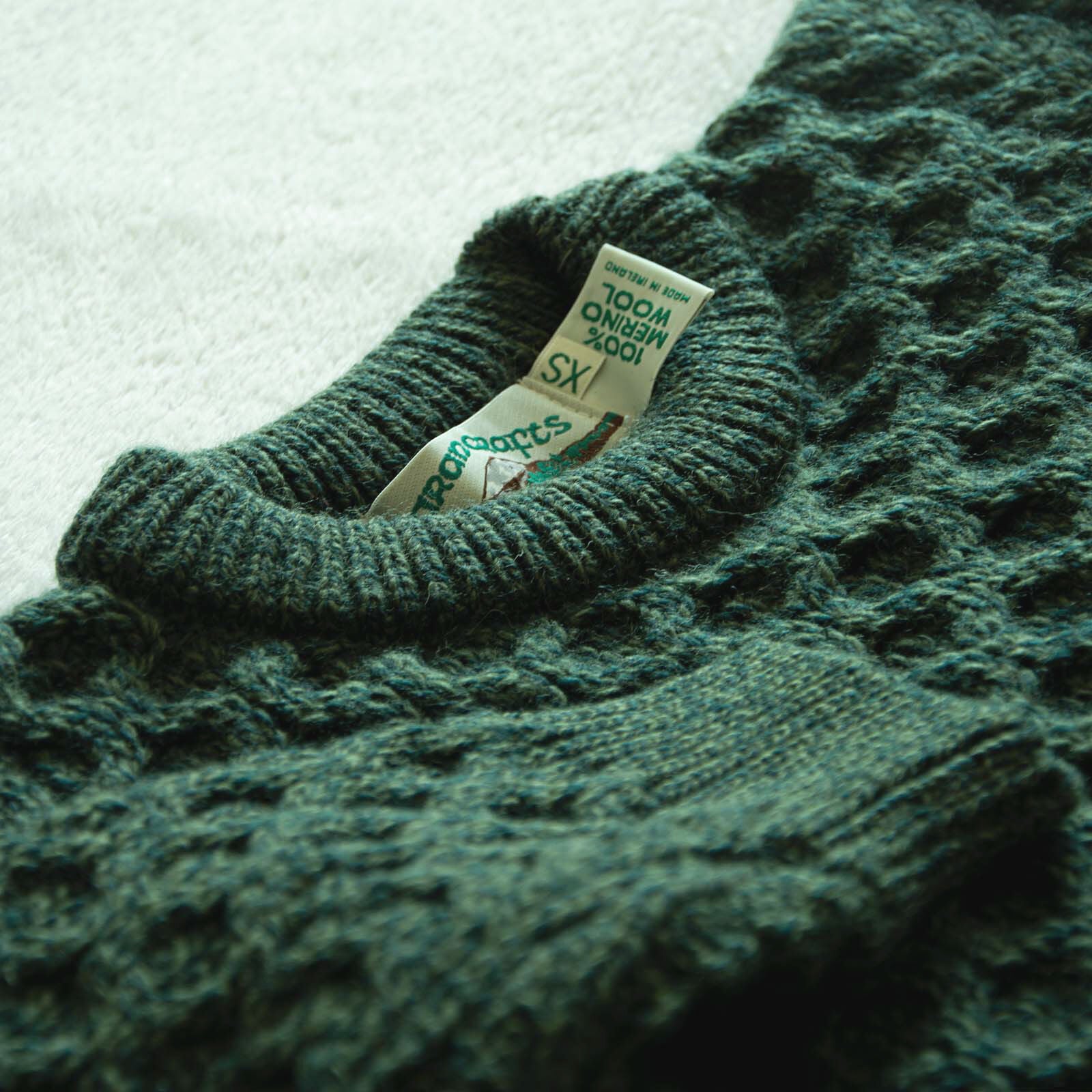Men's Merino Wool Aran Crew Neck Green Jumper - Image 6