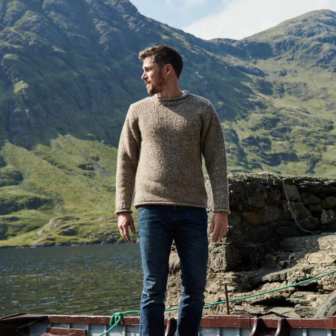 Men's Roll Neck Fisherman's Woollen Oatmeal Jumper - Image 2