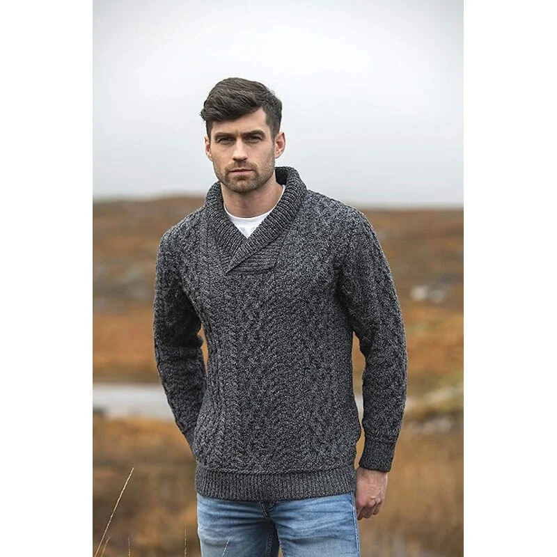 Men's Shawl Collar Aran Charcoal Jumper - Image 3
