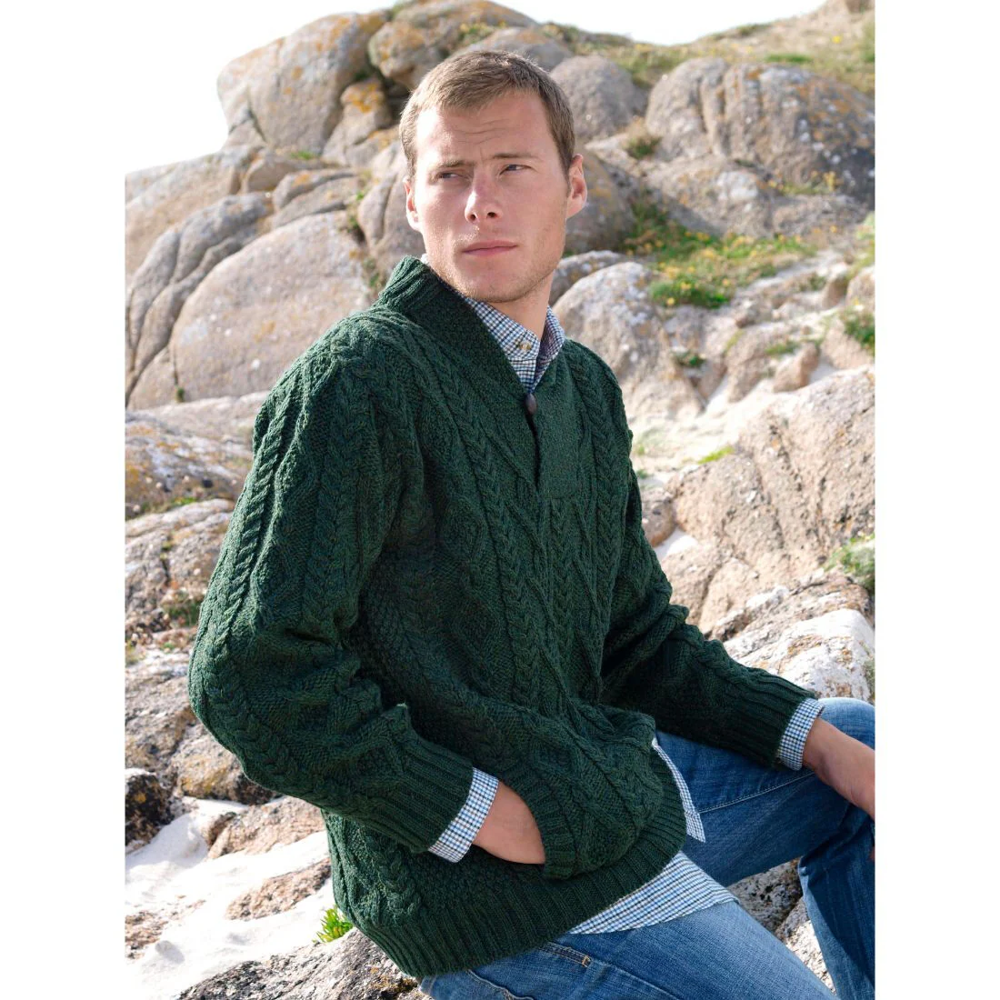 Men's Shawl Collar Aran Green Jumper - Image 5