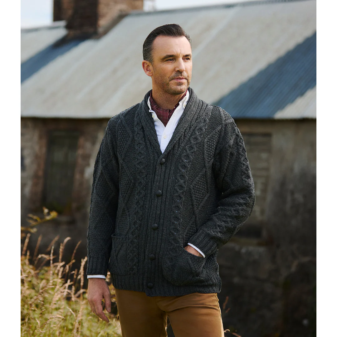 Men's Shawl Collar Grandfather Charcoal Cardigan - Image 3