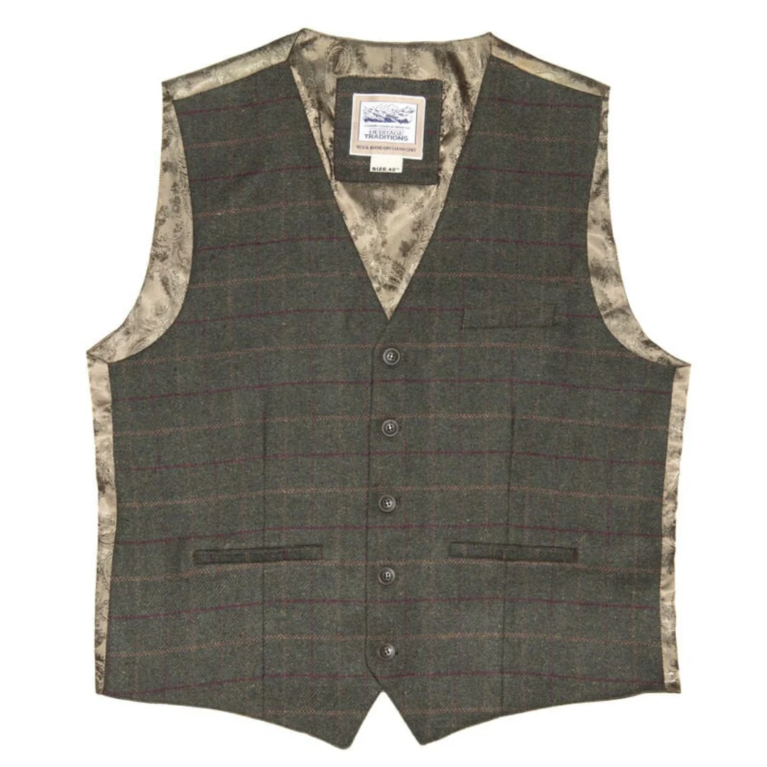 Men's Tweed Box Check Waistcoat Green - Image 2