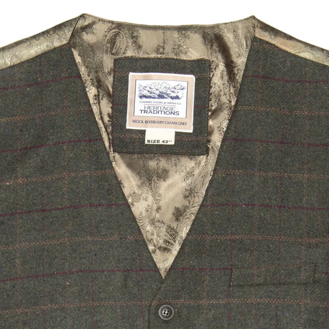 Men's Tweed Box Check Waistcoat Green - Image 3