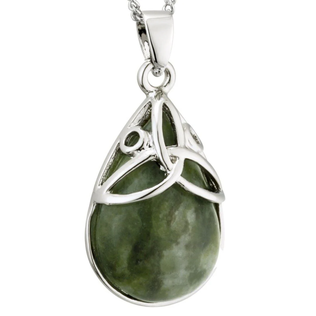 Rhodium Plated Connemara Marble Oval Design Trinity Knot Necklace