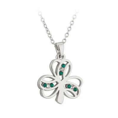 Rhodium Plated Shamrock Necklace With Green & White Crystals