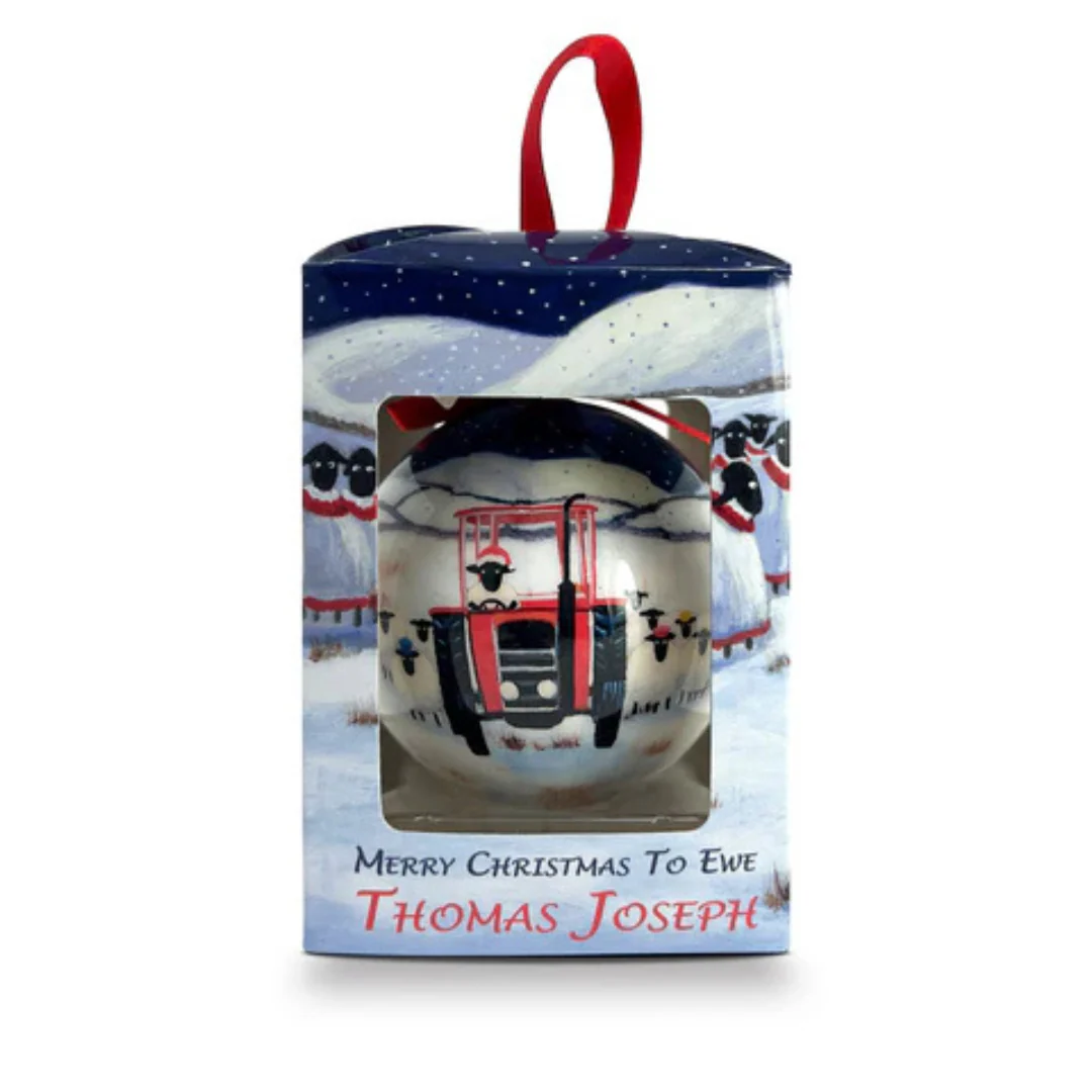 Sheep and Tractor Snow Christmas Bauble - Image 2