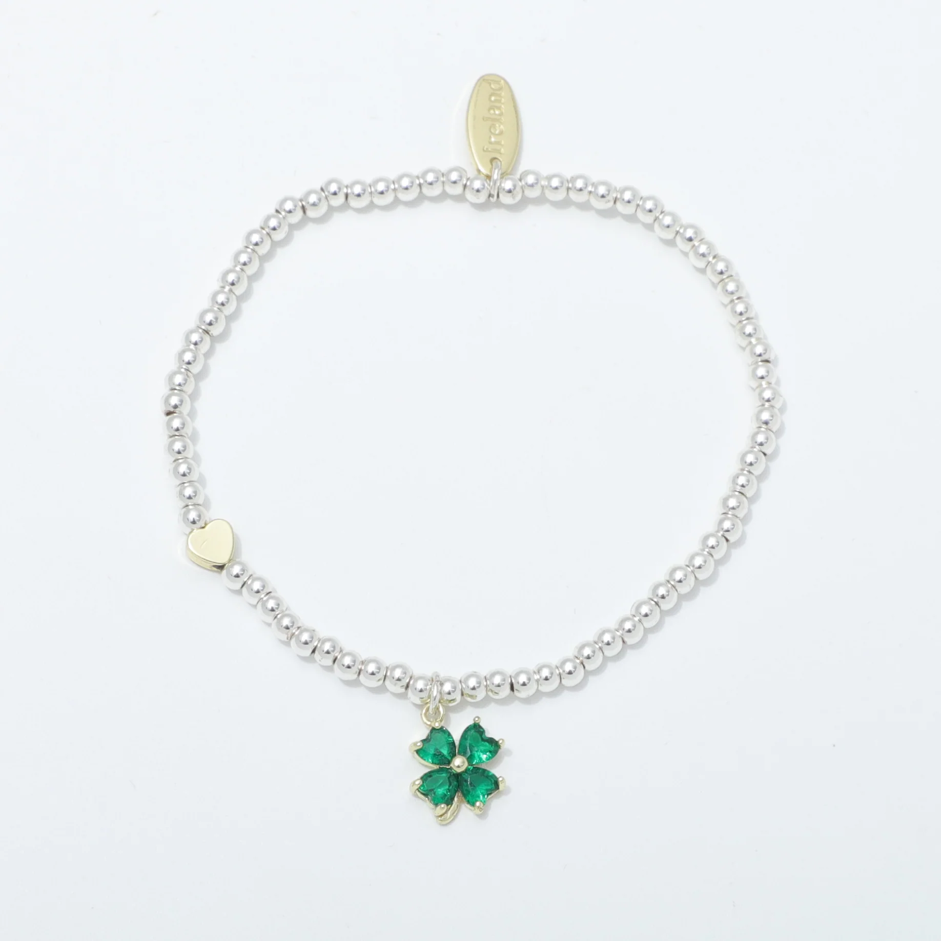 Silver Beaded Green Stones Clover Bracelet