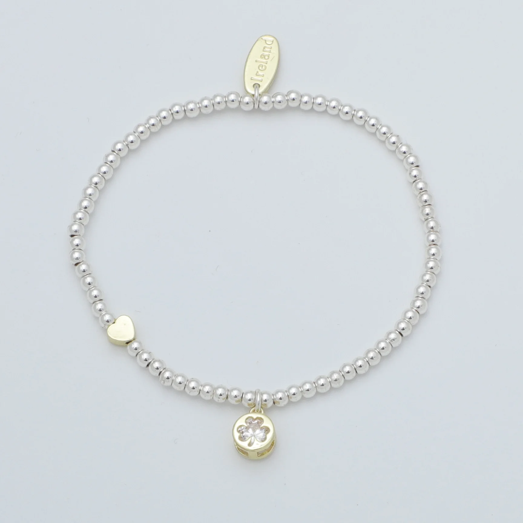 Silver Beaded Inlaid Clear Stone Shamrock Bracelet