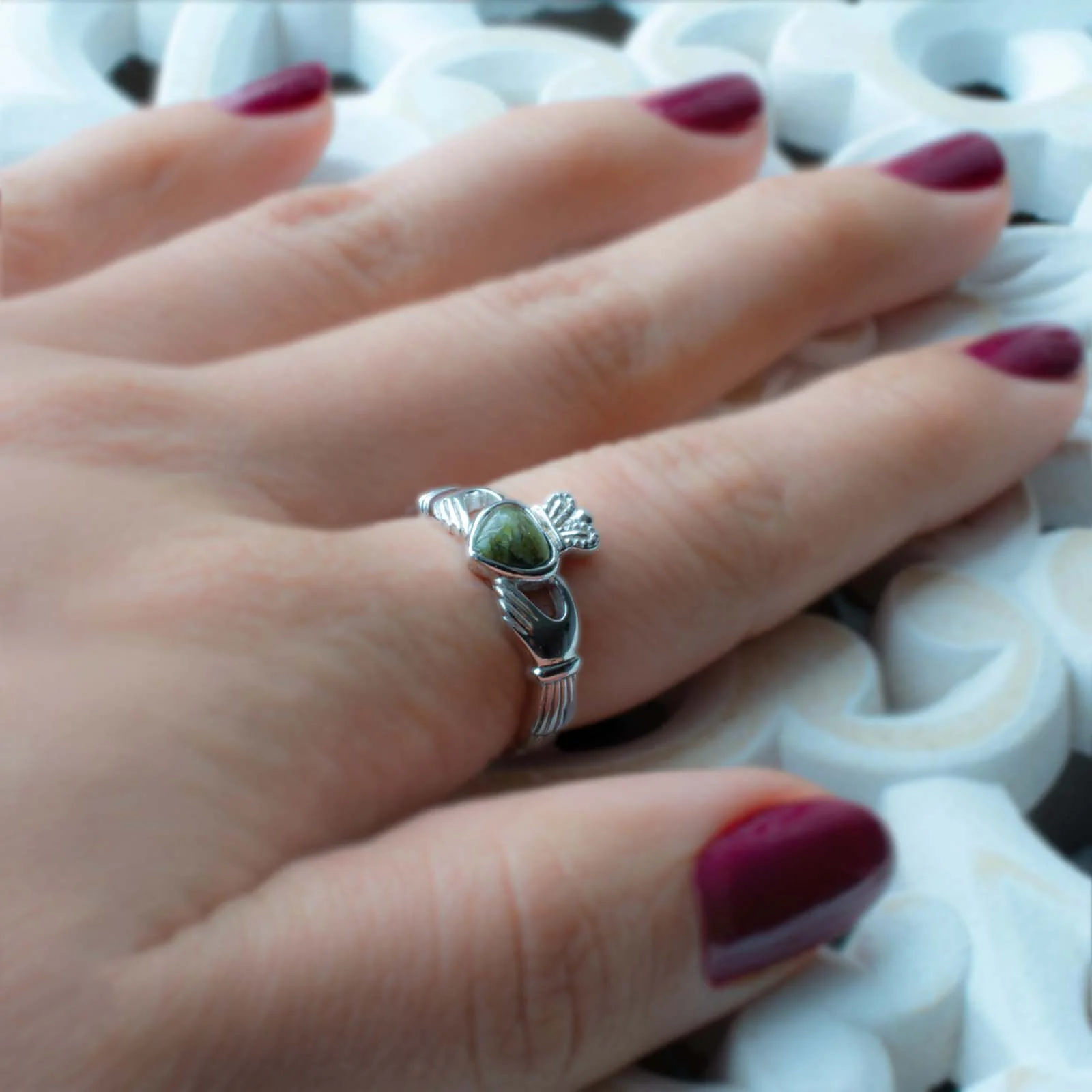 Silver Claddagh Ring Connemara Marble Women's - Image 4