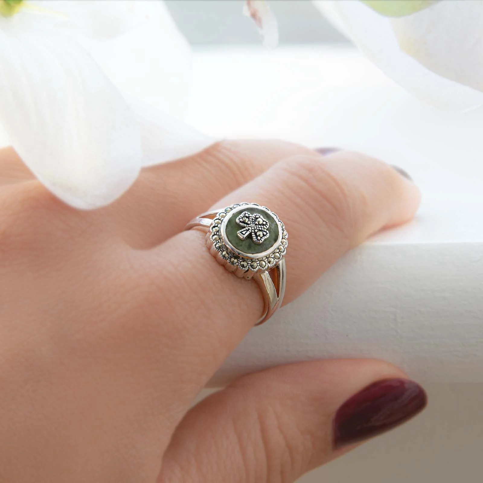 Silver Marcasite Shamrock Ring Connemara Marble - Image 4