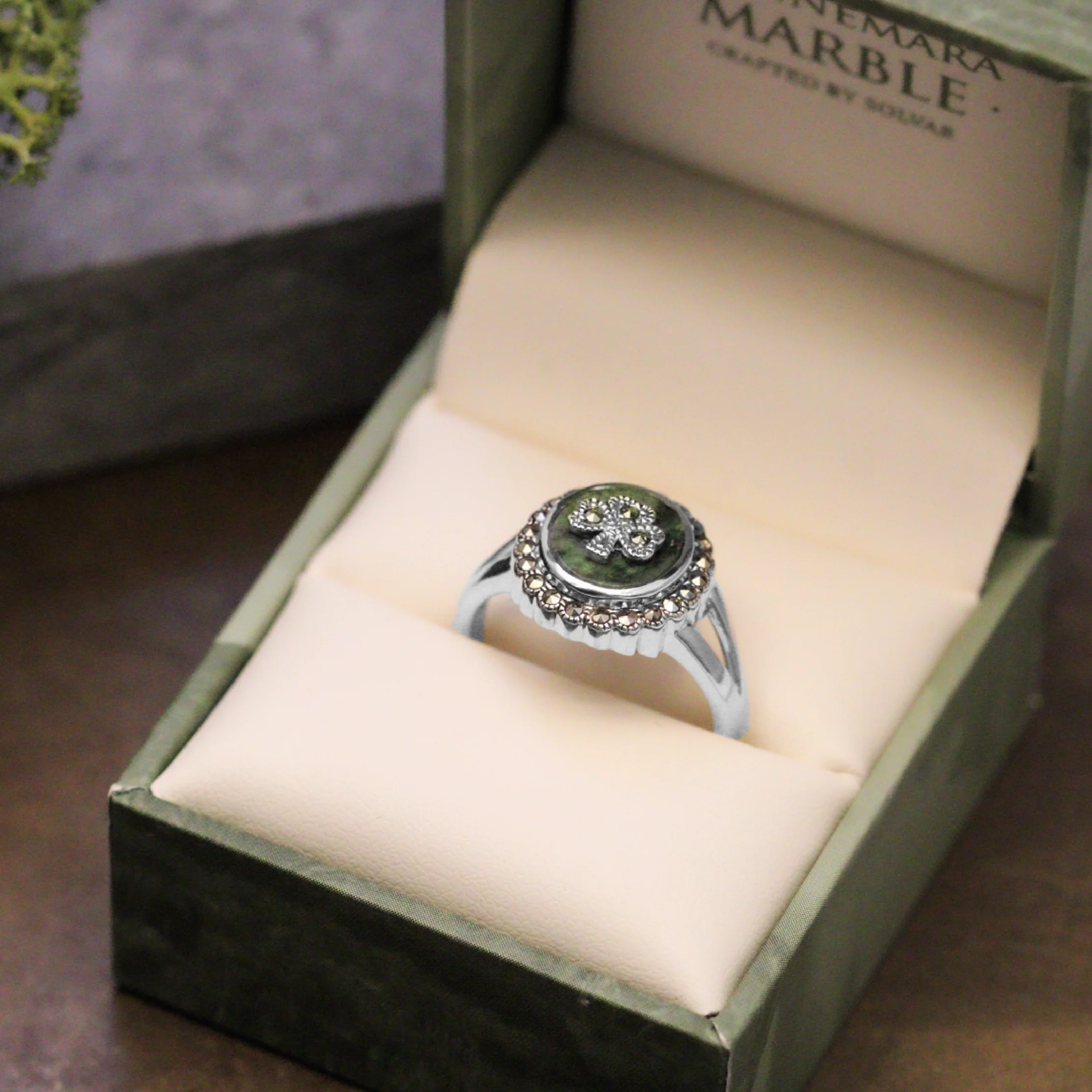 Silver Marcasite Shamrock Ring Connemara Marble - Image 6