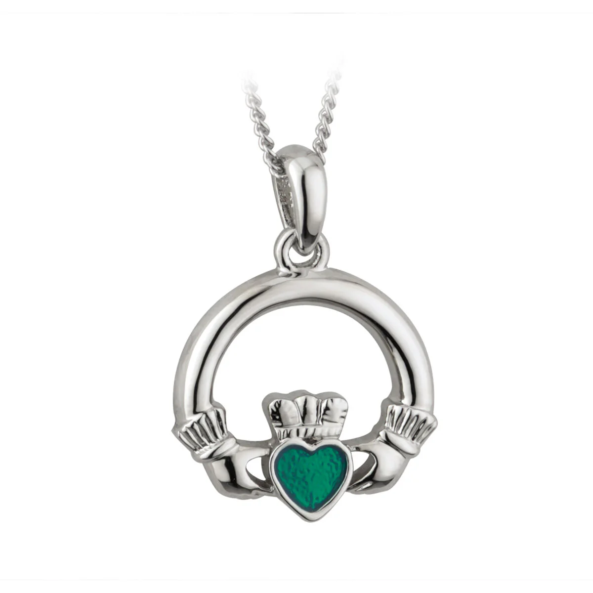 Silver Plated Claddagh Necklace With Emerald Cubic Zirconia Stone