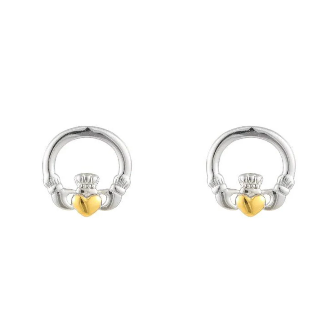 Silver Sterling & Spot Gold Claddagh Earrings