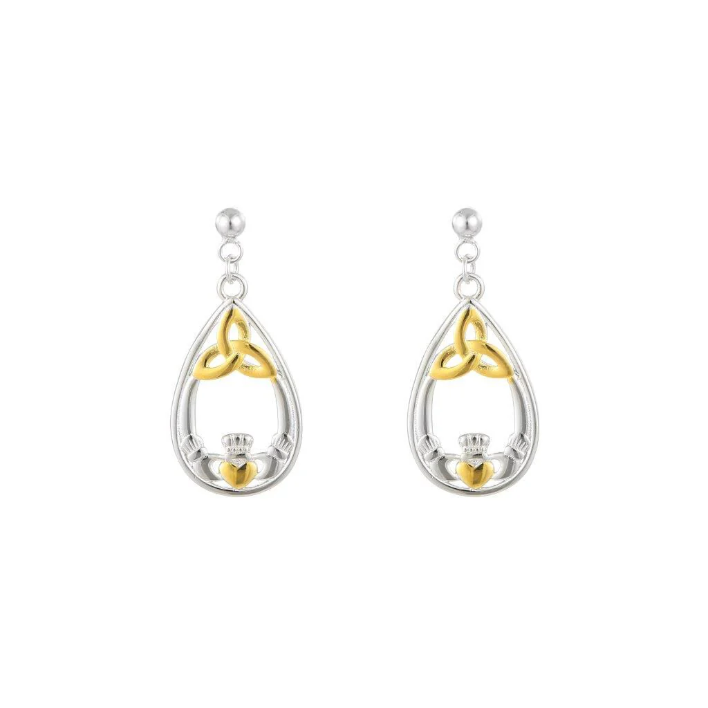 Silver Sterling & Spot Gold Trinity & Claddagh Drop Earrings