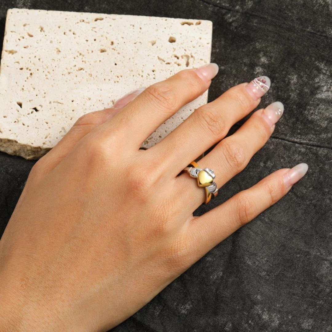 Sterling Silver and Gold Plated Double Band Claddagh Ring - Image 2
