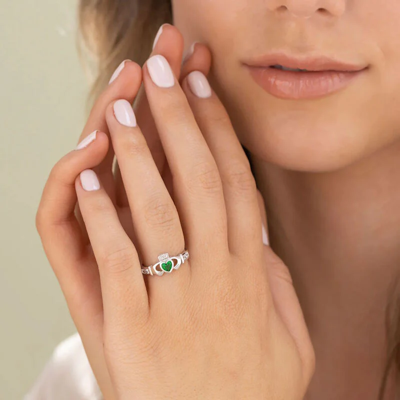 Sterling Silver Claddagh With Synthetic Emerald Ring - Image 2