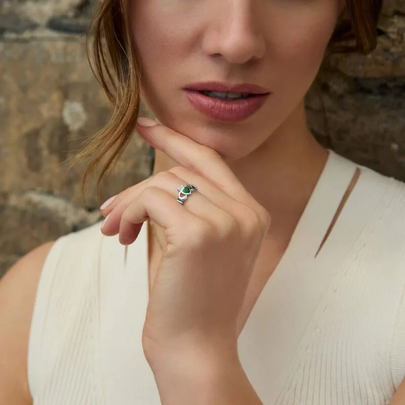 Sterling Silver Claddagh With Synthetic Emerald Ring - Image 3