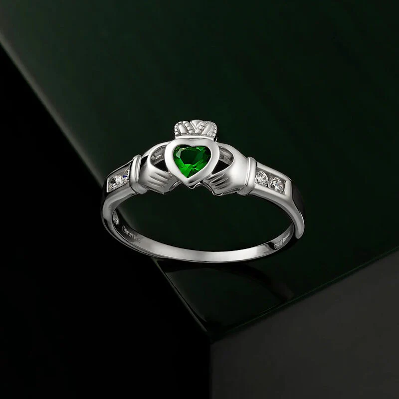 Sterling Silver Claddagh With Synthetic Emerald Ring - Image 4