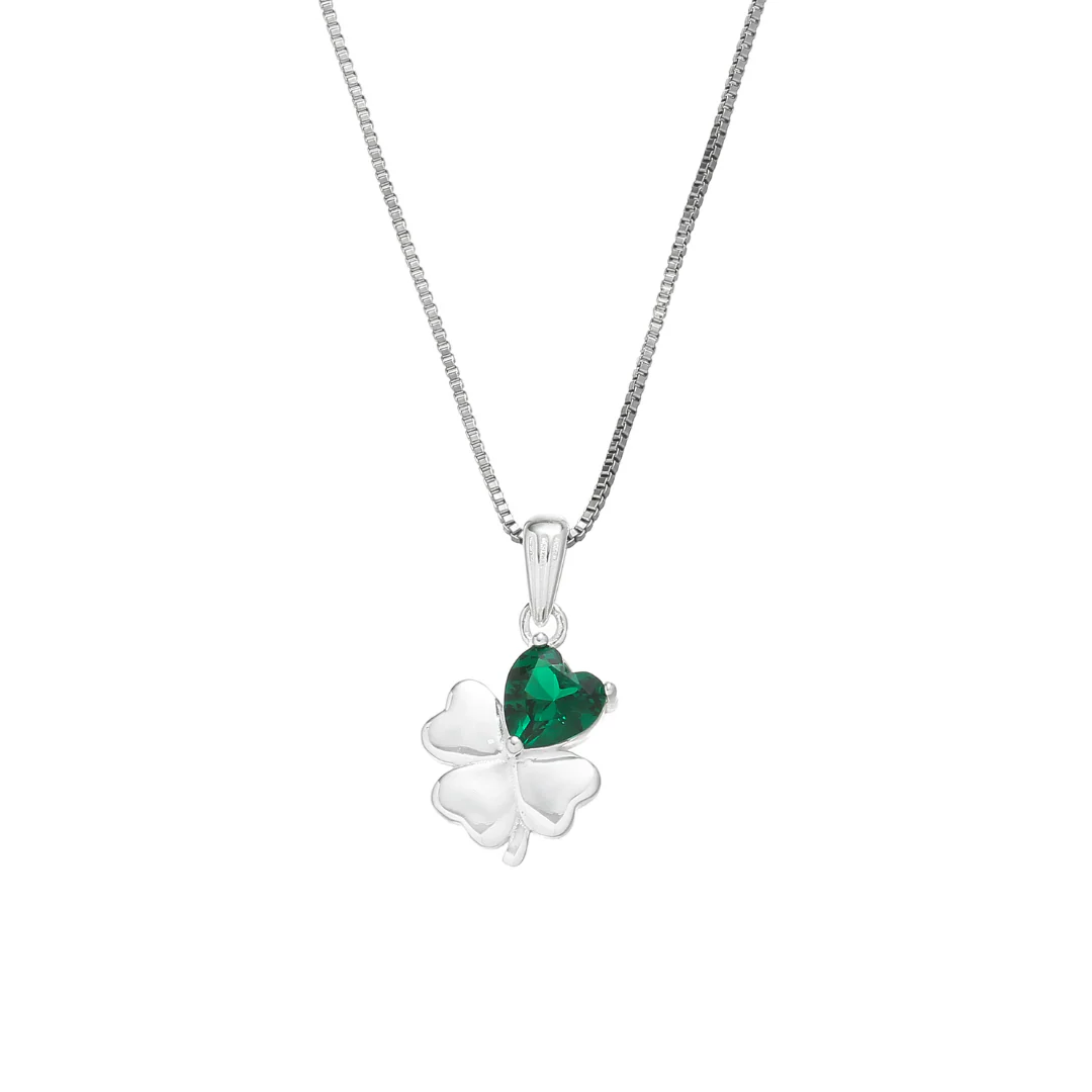 Sterling Silver One Green Stone Clover Pendant