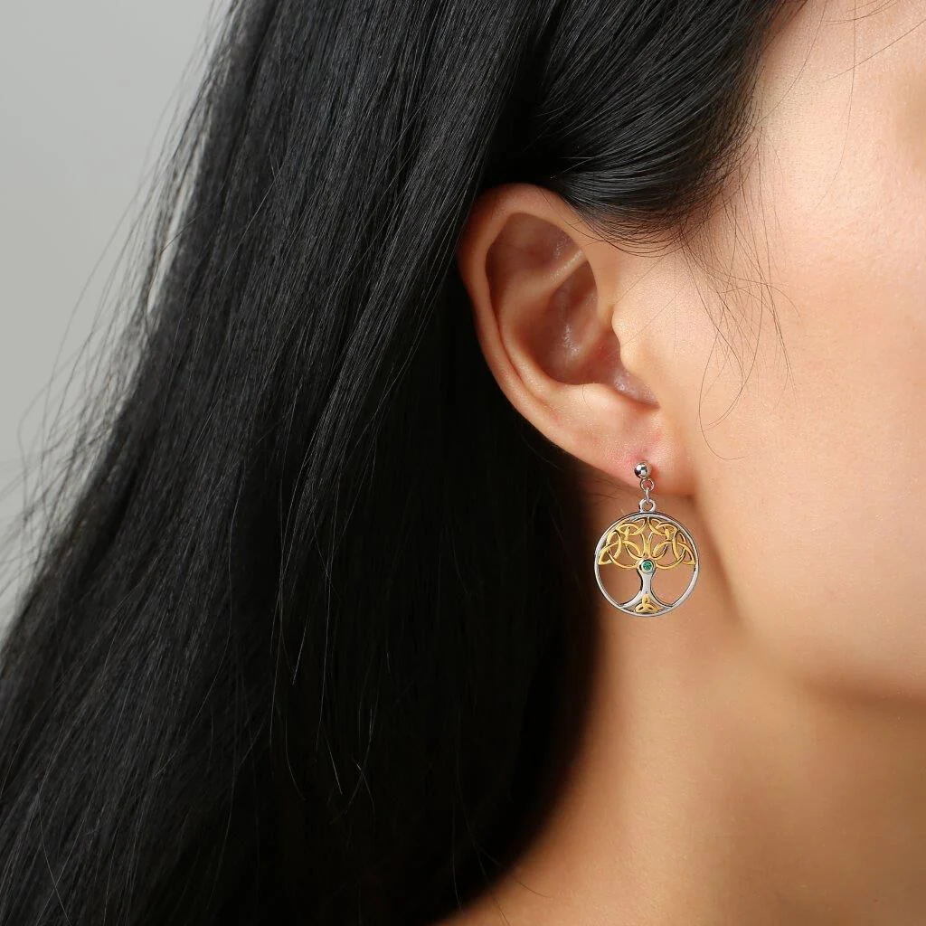 Sterling Silver & Spot Gold Tree Of Life Drop Earrings - Image 2