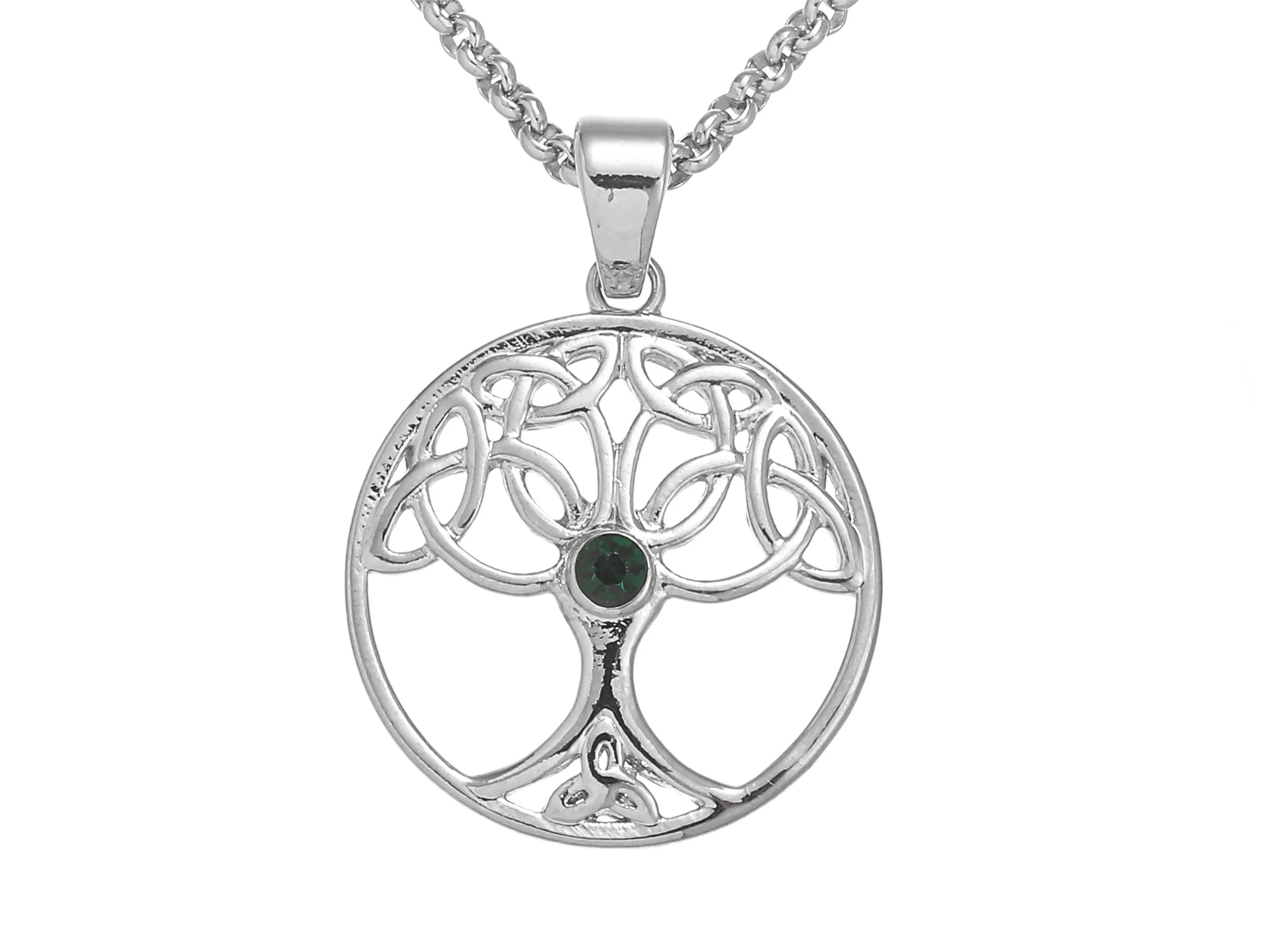 Silver Plated Tree In Circle Green Stone Pendant