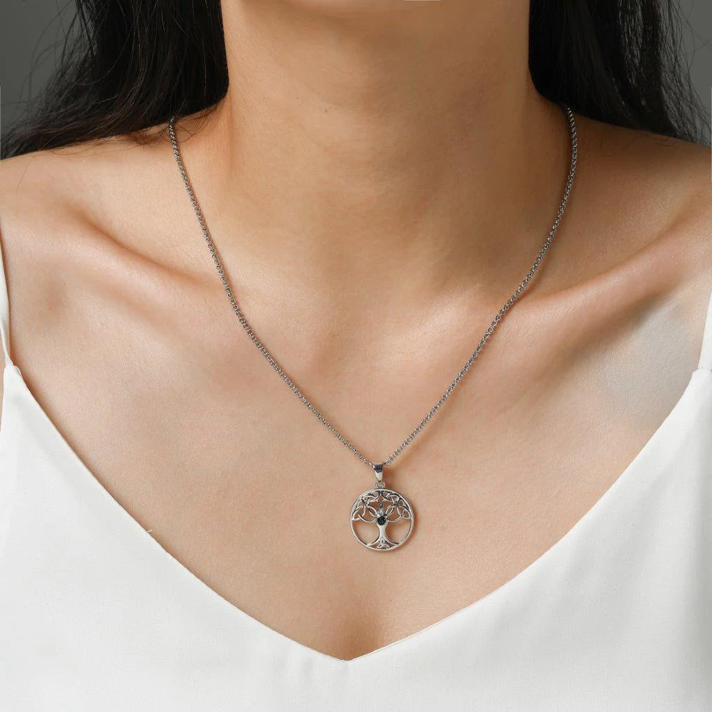 Silver Plated Tree In Circle Green Stone Pendant - Image 2