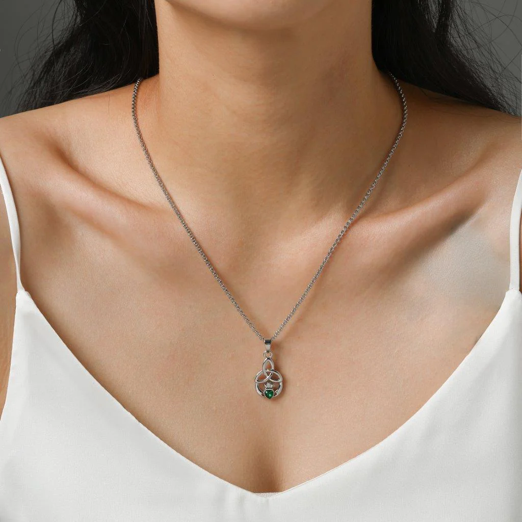 Trinity Knot and Claddagh Design Green Stone Pendant - Image 2
