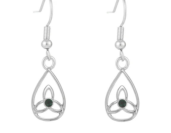 Trinity Knot In Teardrop Design Green Stone Earrings