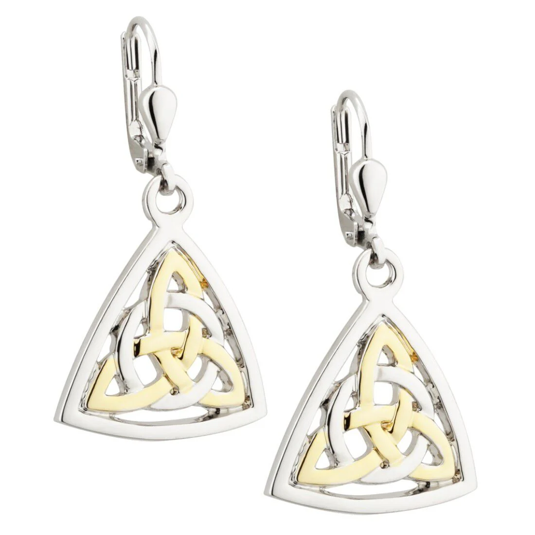 Two Tone Gold & Silver Celtic Trinity Knot Triangular Drop Earrings